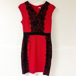 Danny and Nicole red and black lace knee length cap sleeve V neck dress sz 12P